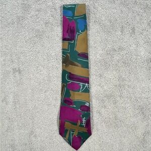 Harve Benard Pure Silk Necktie Abstract Design Green Purple Blue Mens